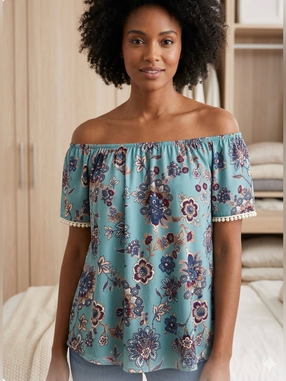 SJS Teal Floral Off-Shoulder Tunic with Pom Trim PTP 20’